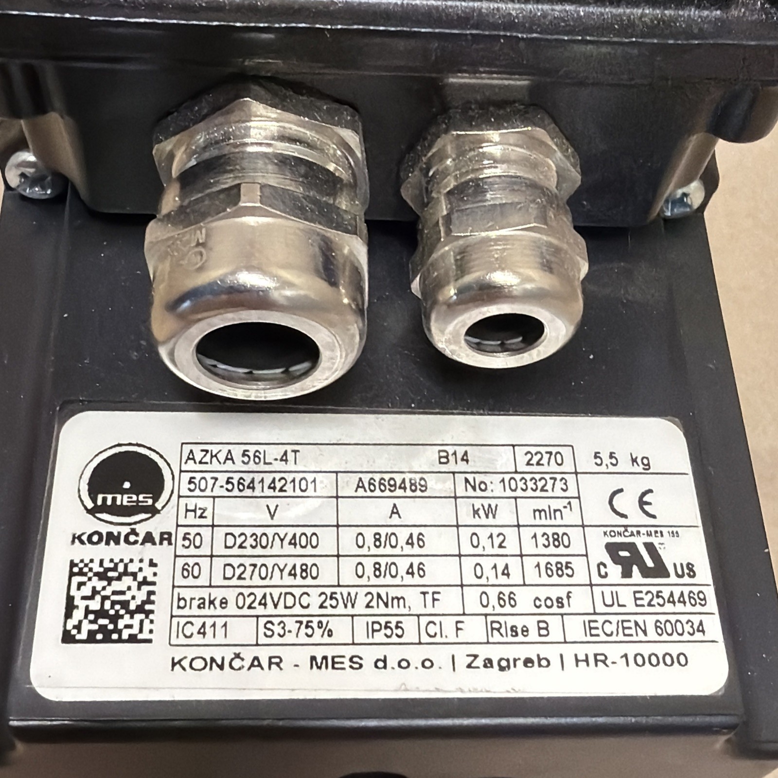 KONCAR AZKA 56L-4T Servo Motor 0.12kW Brake B14 Mounting For Weiss MES TC0150T