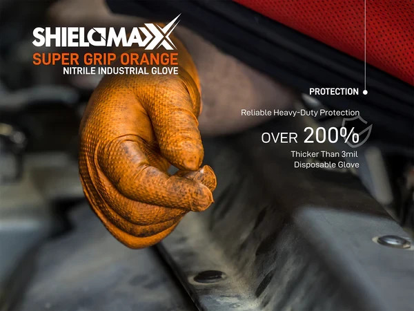 SHIELDMAXX® Heavy Duty Diamond Grip Textured Powder Free Orange Nitrile Gloves