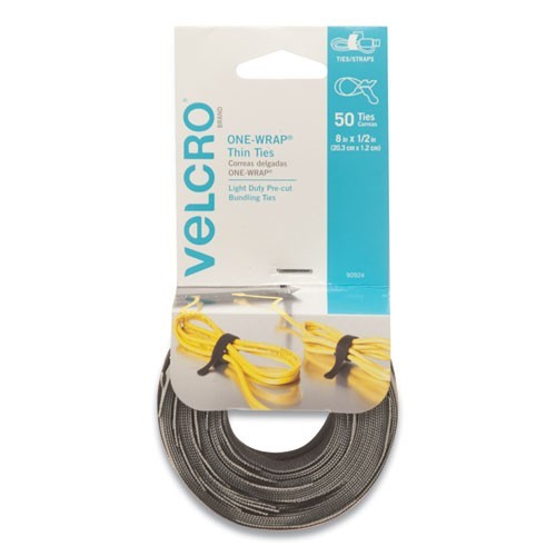 VELCRO Brand ONE-WRAP Pre-Cut Thin Ties, 0.5″ x 8″, Black/Gray, 50/Pack