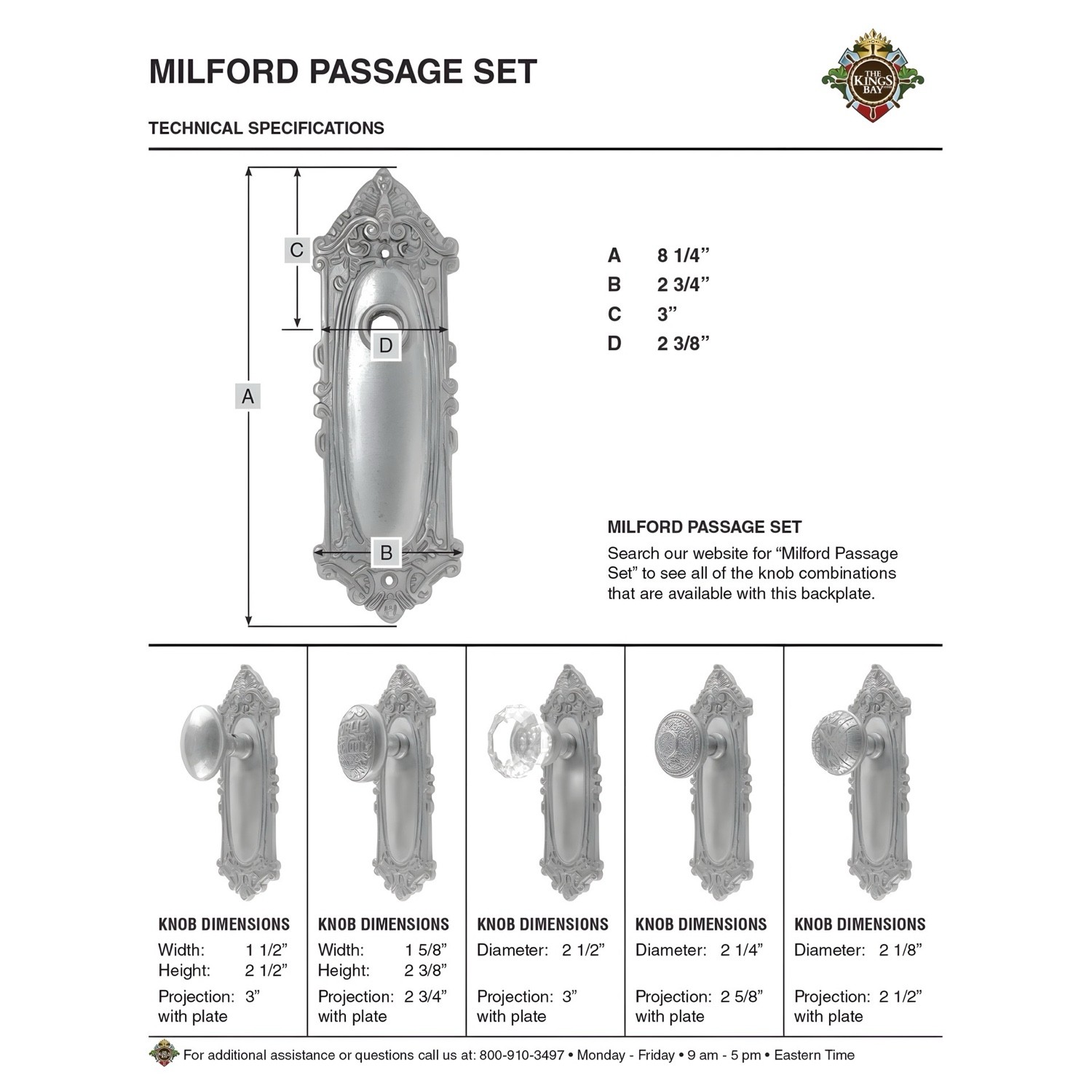 The Milford Passage Set in Polished Brass – 5 Door Knob Choices