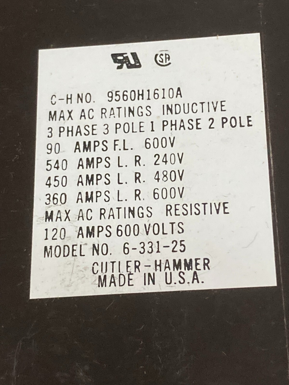 CUTLER HAMMER 9560H1610A MAGNETIC CONTACTOR 3 POLE 90A OPEN TYPE NIB