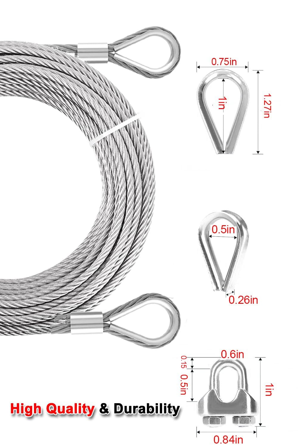 3/16″ Stainless Steel Cable 100Ft Wire Rope with Wire Rope Clamps and Thimble, 4