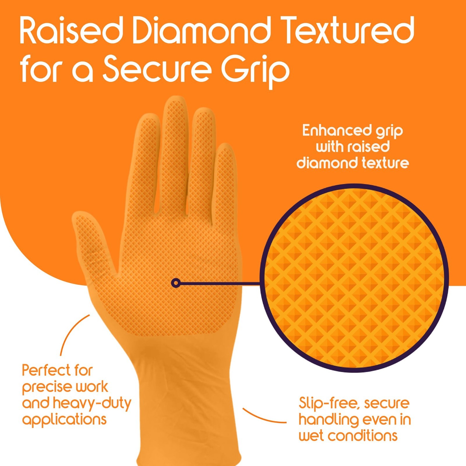 Heavy Duty Orange Nitrile Gloves | 8 Mil Diamond Textured Grip | Industrial Clea