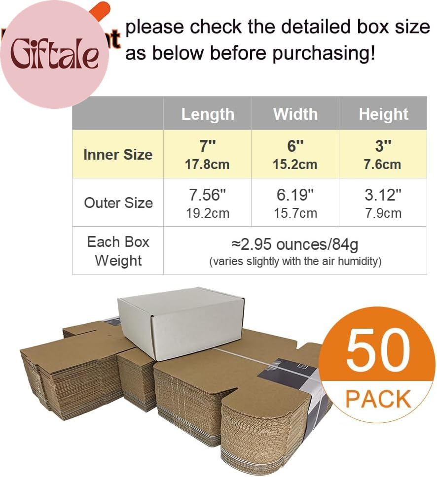 50 Pack 7X6X3» Small Shipping Boxes, Corrugated Cardboard Mailers for Business,