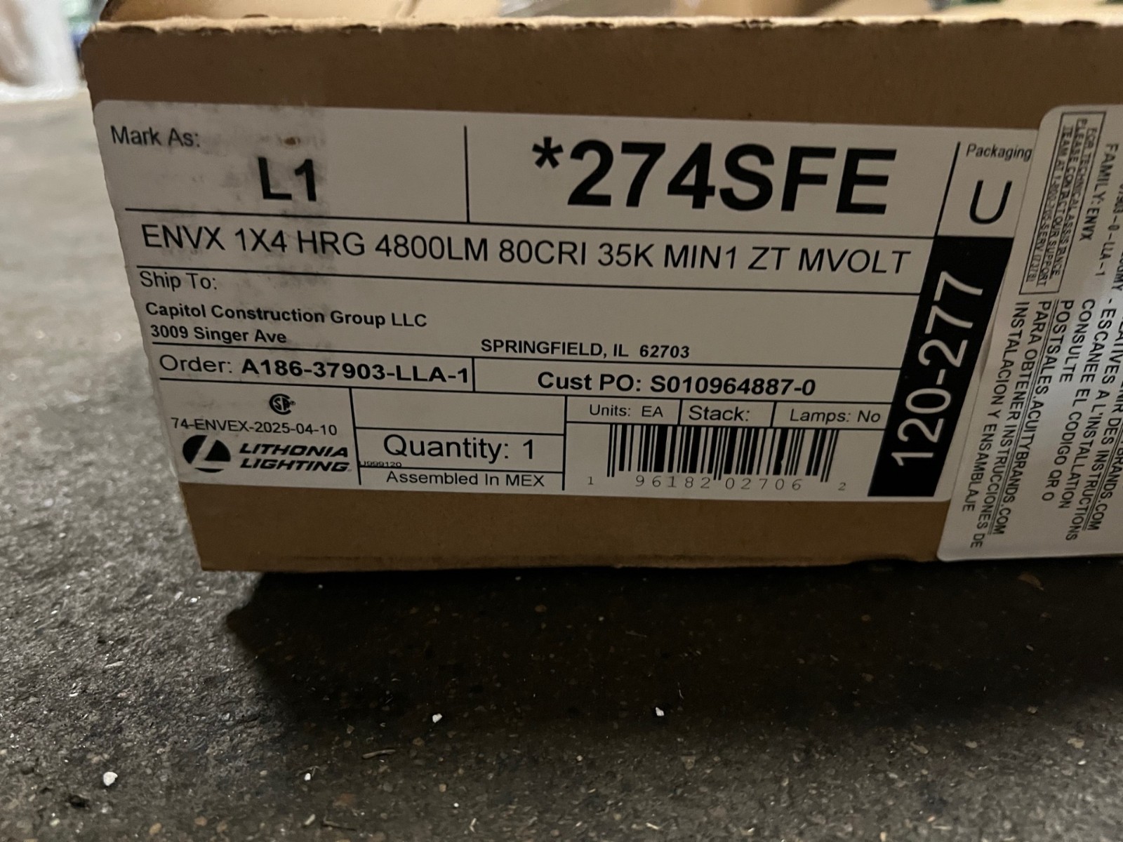 Lithonia 274SFE LED Panel Light ENVX 1×4 HRG 4800LM 80 CRI 35K