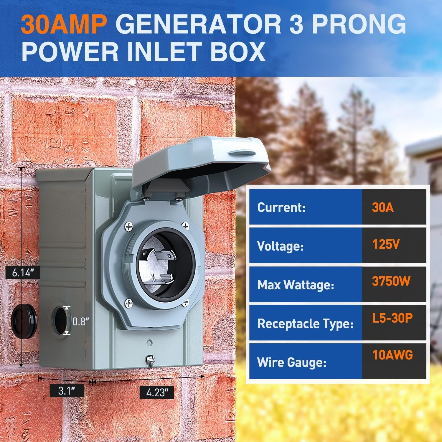 30 AMP Generator Power Inlet Box 125V NEMA L5-30P Waterproof Outlet for RV, Camp