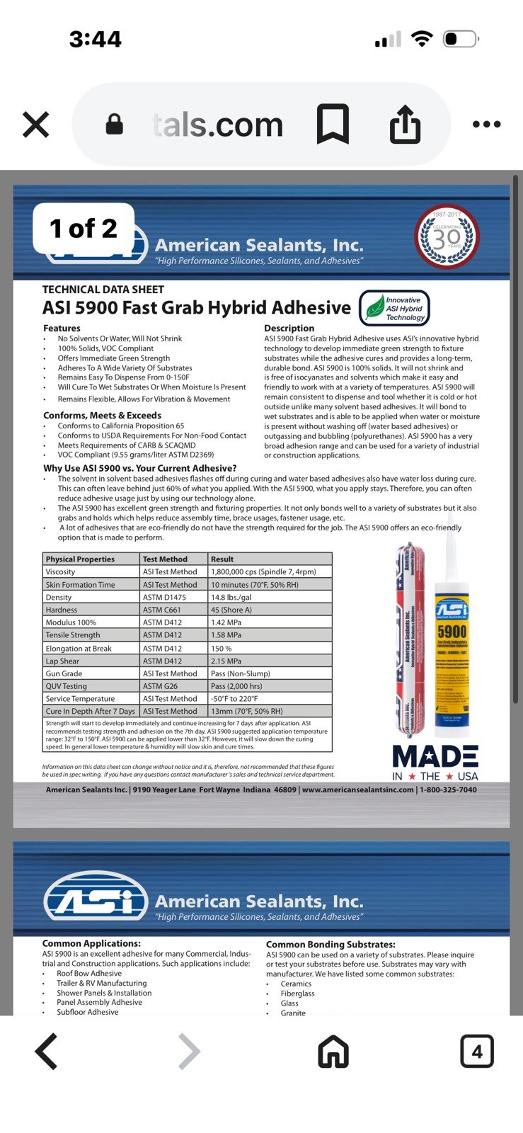 American Sealants Inc 5900 Natural White Innovative Hybrid Sealant Adhesive Grab