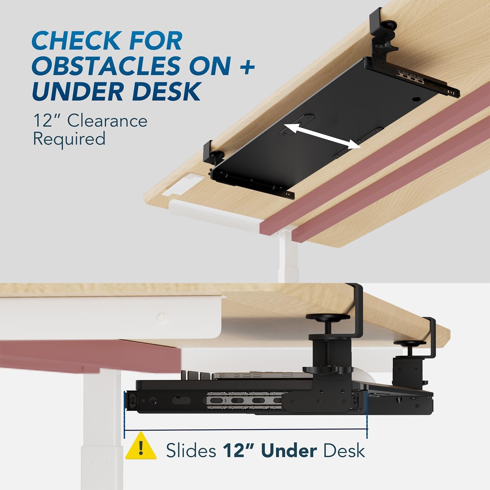 Adjustable Under Desk Keyboard Tray with C-Clamp Mount, 27.3″ x 11″ Slide-Out Dr