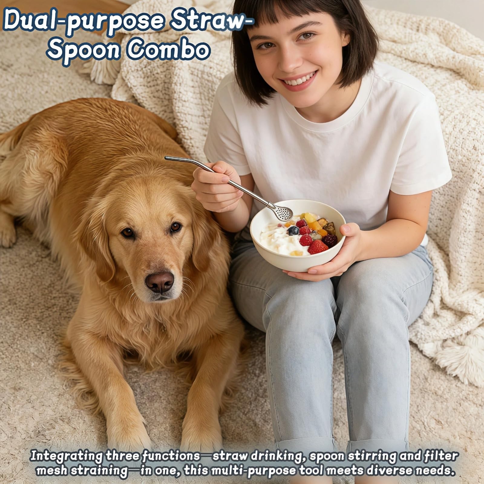 Stainless Steel Filter Straw Spoon, 2-in-1 Reusable Metal 9.65 Inches, Silver