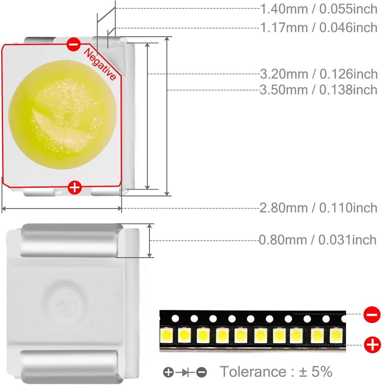 100 pcs 3528 SMD LED Diode Lights Chips White Surface Mount PLCC 3.5×2.8mm 3V…