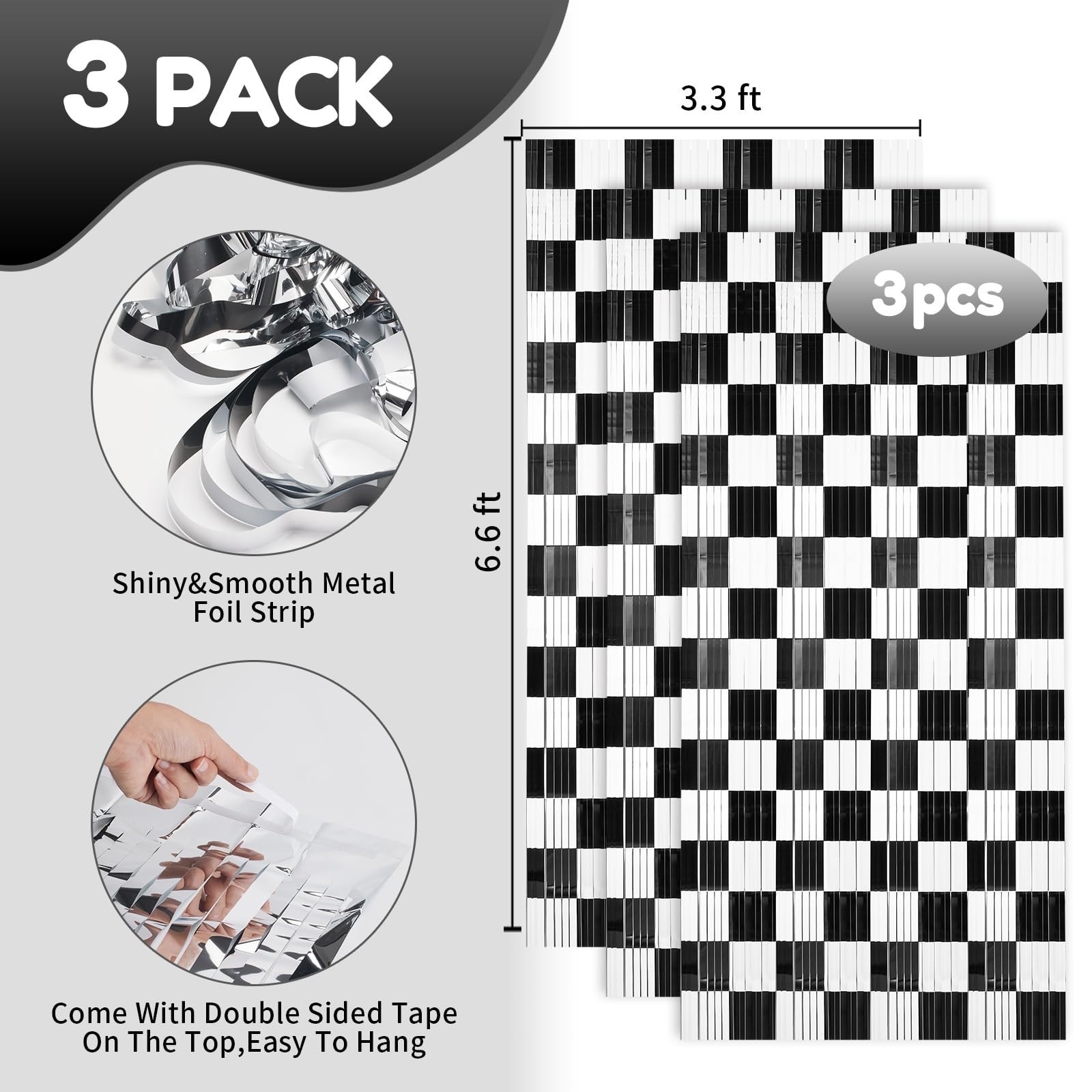 Black and White Checkered Tinsel Backdrop Curtains | 3 PCS, 3.3 x 6.6 ft, Rac…