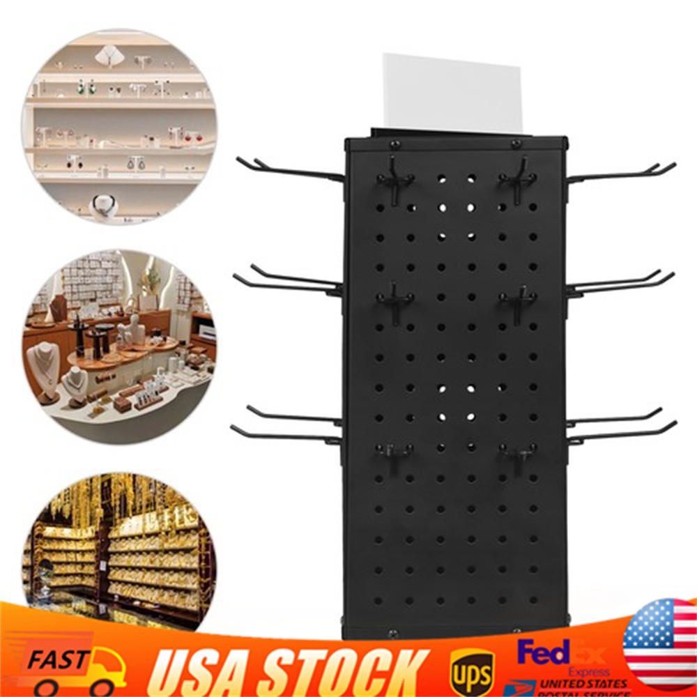 Rotating Pegboard Display Stand with 24 Hooks – 4-Sided Metal Spinning Peg Board
