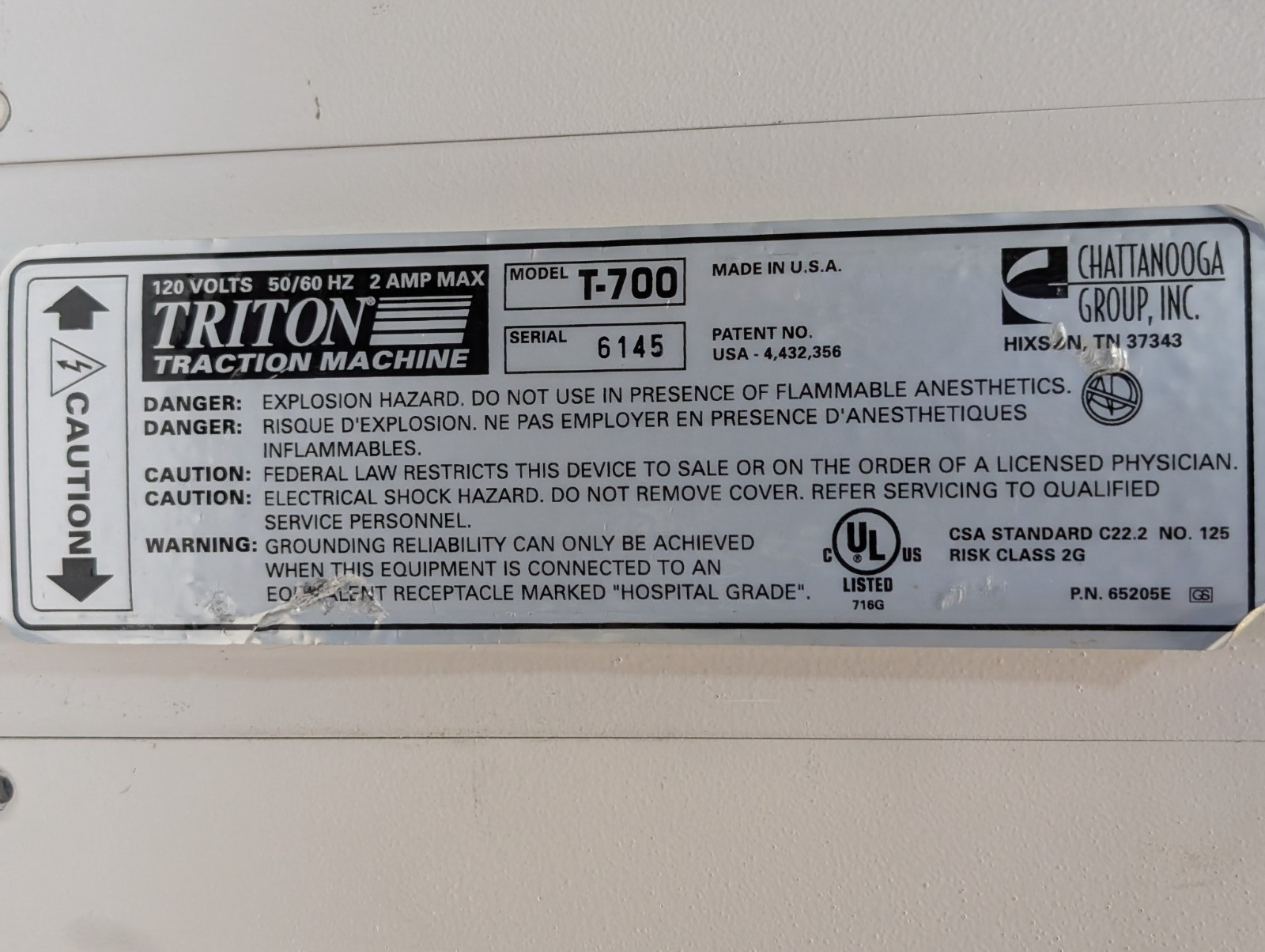 Chattanooga Group, Inc. Triton T-700 Traction Machine, 65205E, 120V, Made in USA