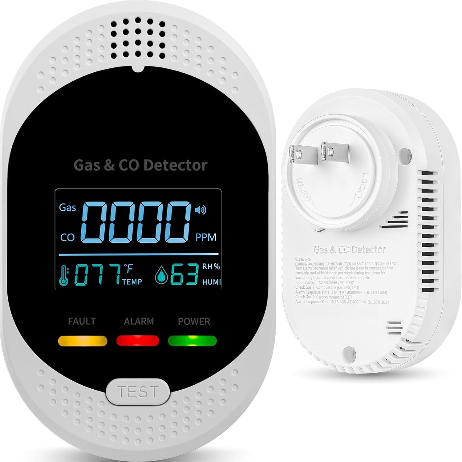 4-in-1 Carbon Monoxide Detector Plug CO2 Level Monitor Alarm with Temp Sensor US