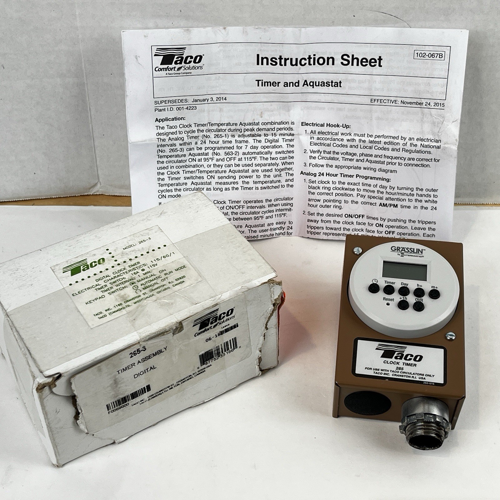 Taco 265-3 Digital Timer-w/ 1/2” Adapters-New w/ Instructions in Ripped Box