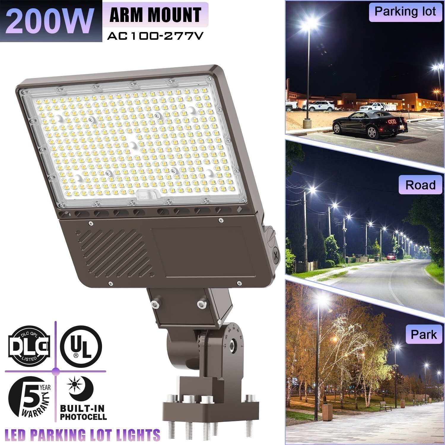 200W LED Parking Lot Light Commercial Outdoor Shoebox Street Pole Lamp Arm Mount