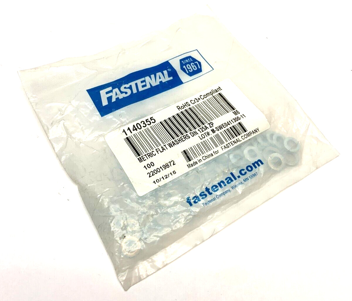 Fastenal 1140355 Metric Flat Washers DIN 125A ZP M6 PACK OF 100