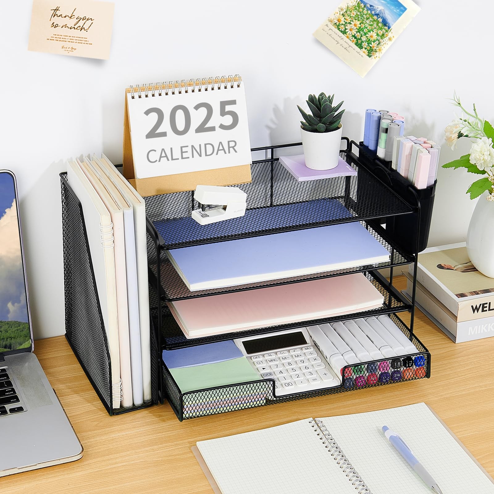 OPNICE Desk Organizer, 4-Tier Desktop File Organizer with Drawer 4T, Black