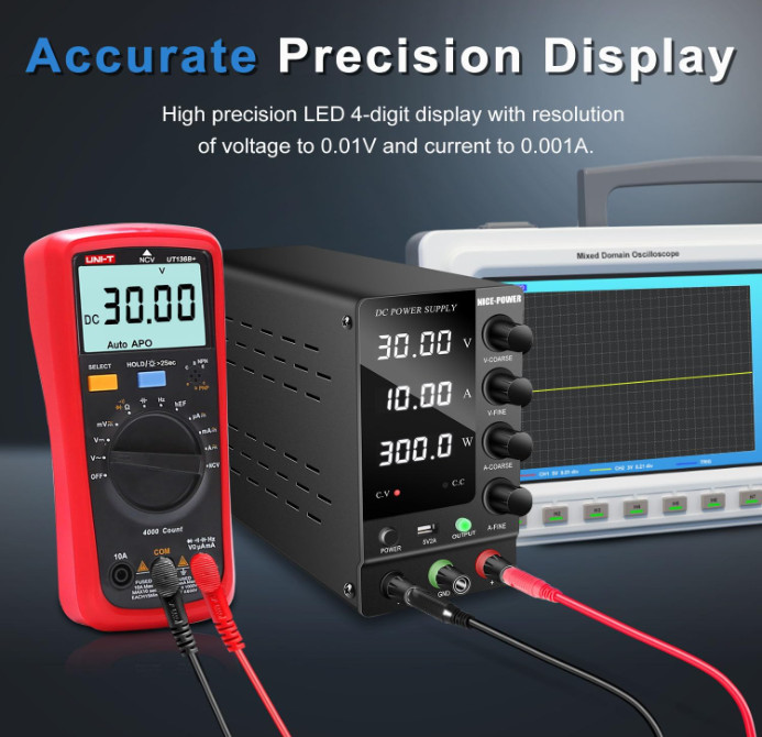 Fuente de Alimentación DC Ajustable 30V 10A con Pantalla LED y Puerto USB 5V, r