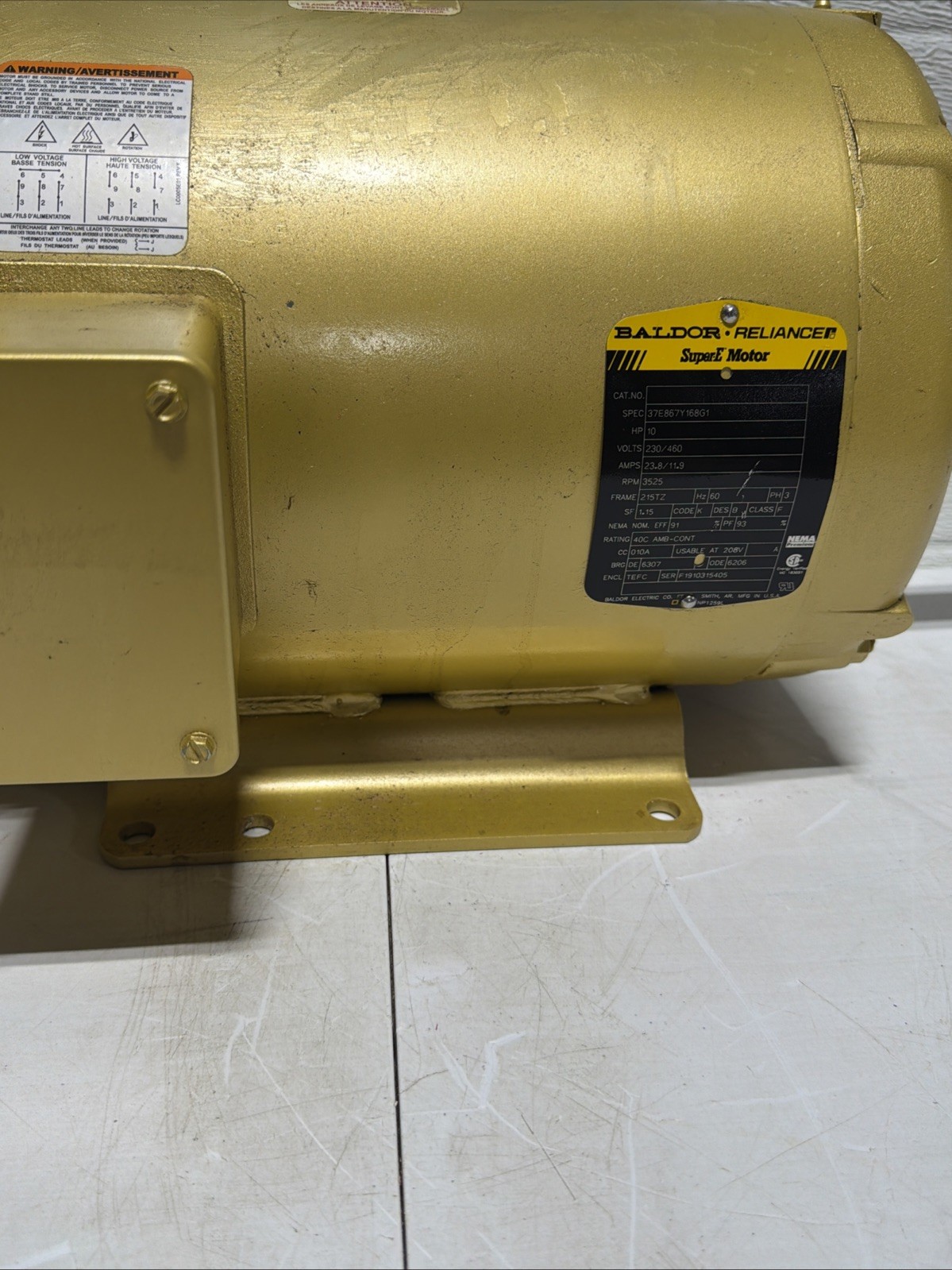Baldor 10 HP Super-E Electric Motor 230/460 Vac 215TZ Frame RPM 3525