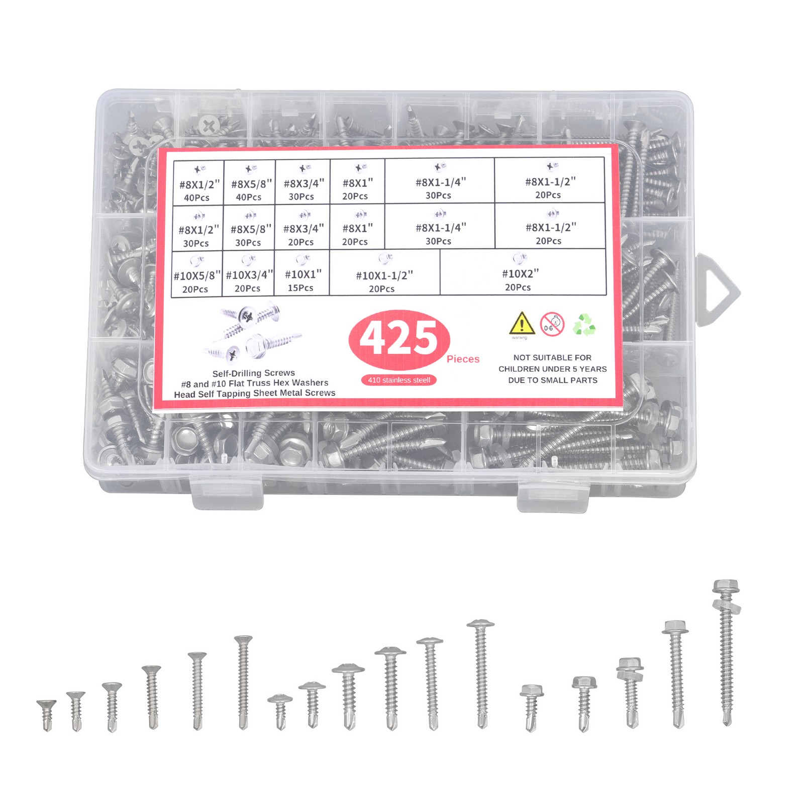 425PC 410 Stainless Steel Self-Tapping Screws #8#10 Self-Drilling Assortment Kit