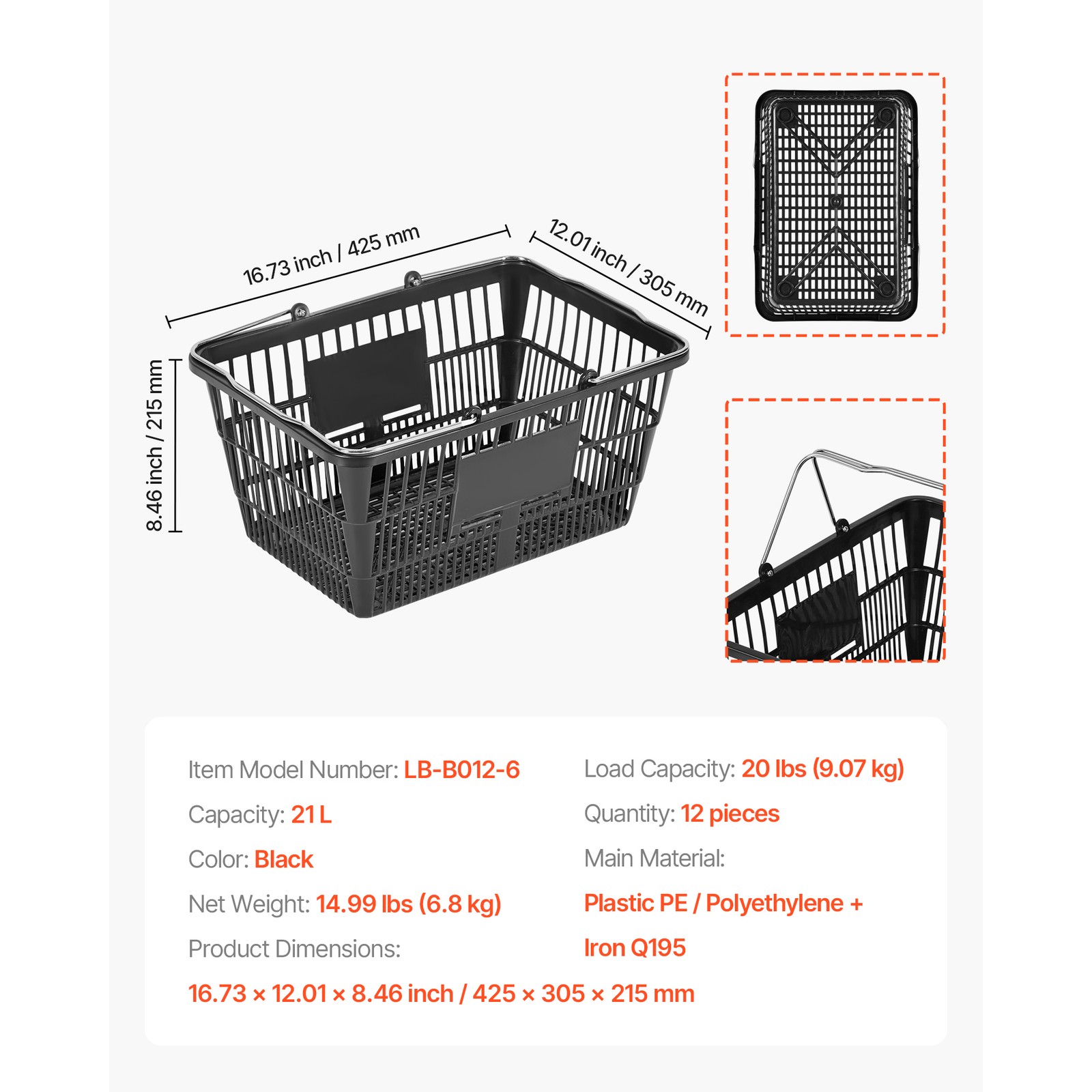 Uimoso Set of 12 Stackable Black PE Shopping Baskets with Handles for Groceries