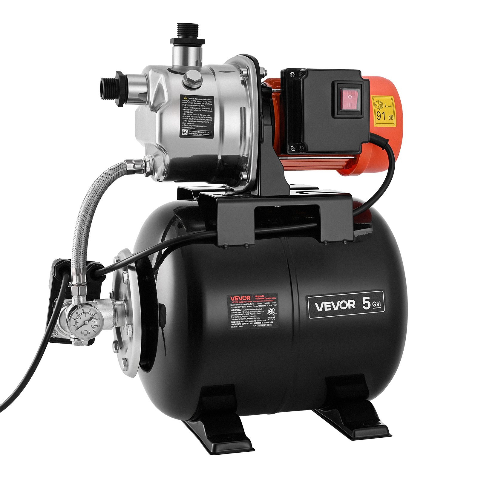 1 HP Shallow Well Pump with Pressure Tank, 120V 1000 GPH, for Home Garden Lawn