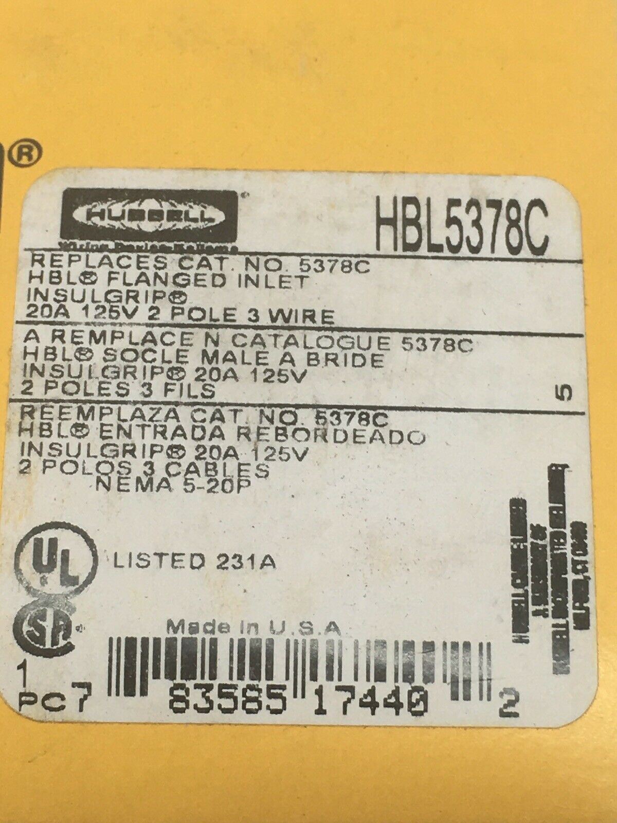 Straight Blade Devices, Male Inlets, Flanged, Industrial/Commercial, 20A 125V, 2