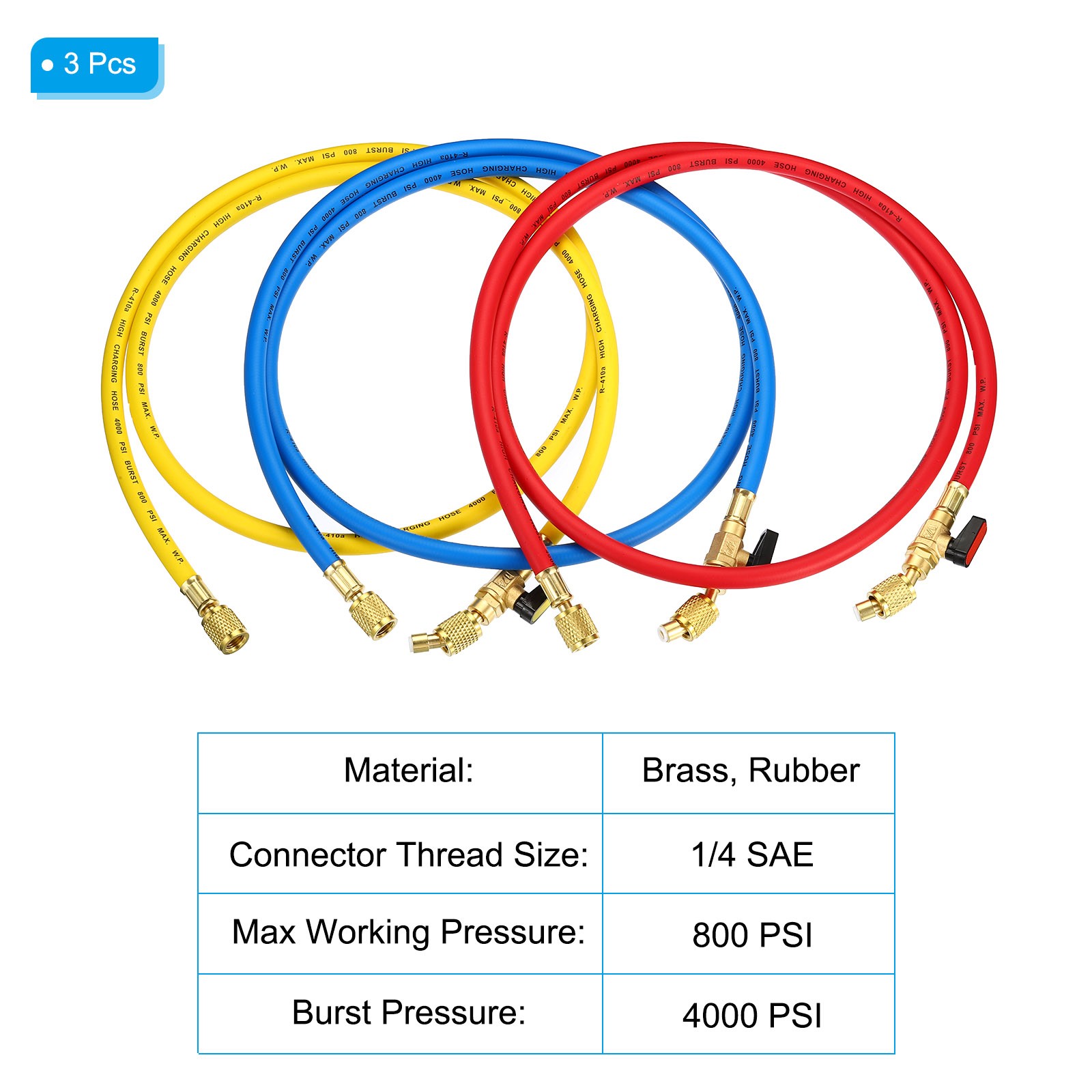 1/4 SAE Refrigerant Charging Hose 4.9ft 800 PSI 4000 PSI Manifold Gauge,3 Pack