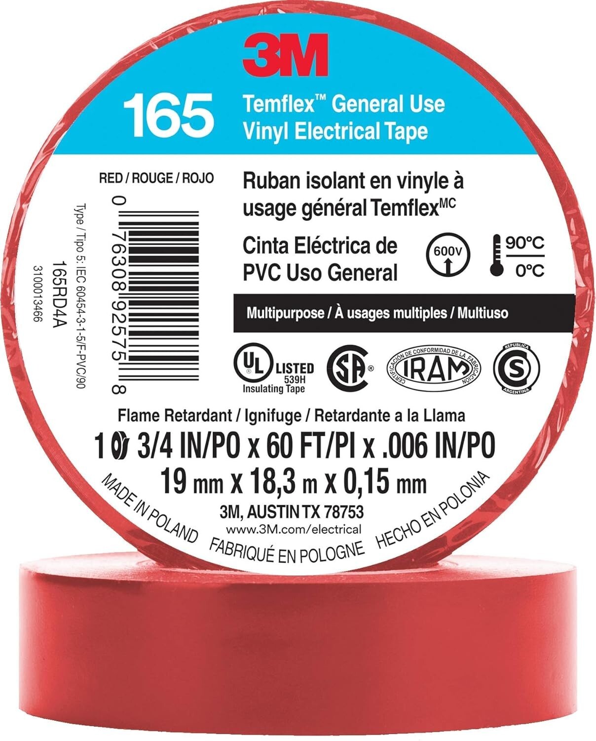 3M Temflex Multi-Purpose Vinyl Electrical Tape 165 3/4in x 60ft Red 10 Rolls