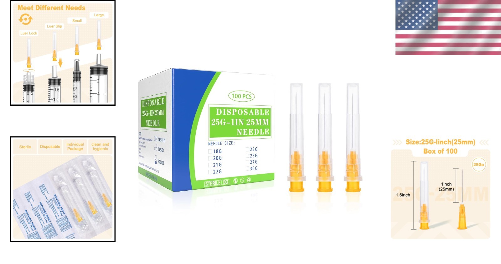 100 Pack 25 Gauge 1″ Lab Dispensing Needle Individually Wrapped Supplies Box