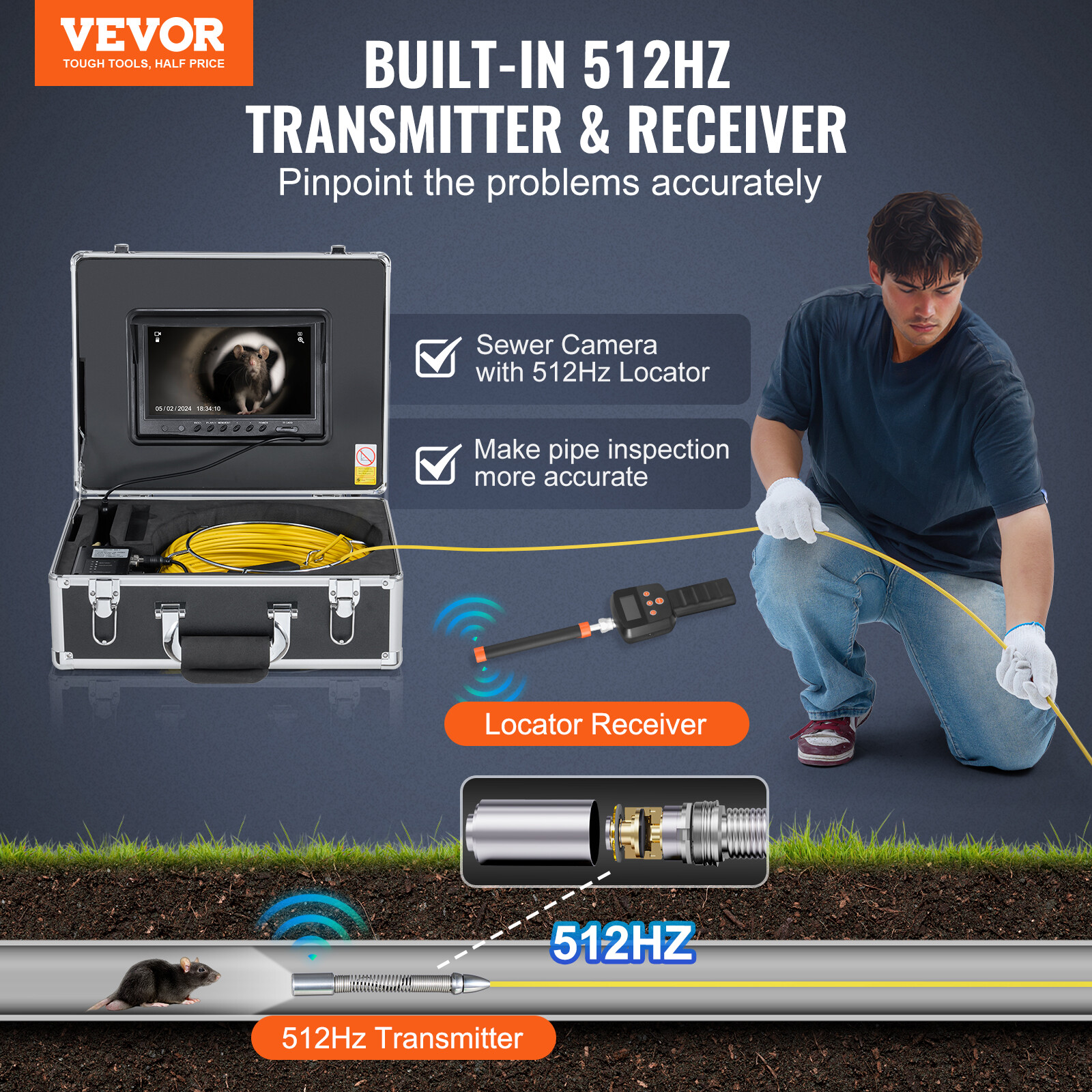 VEVOR 9″ Sewer Camera 50m/165 ft Self-Leveling Drain Camera with 512Hz Locator
