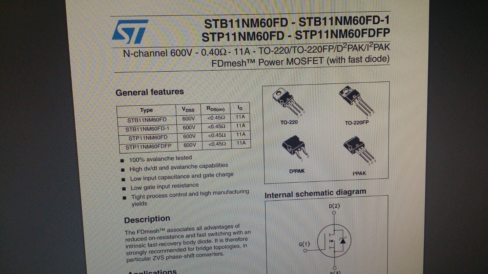(50 PCS) STB11NM60FD-1 STMICRO, Trans MOSFET N-CH 600V 11A, I2PAK