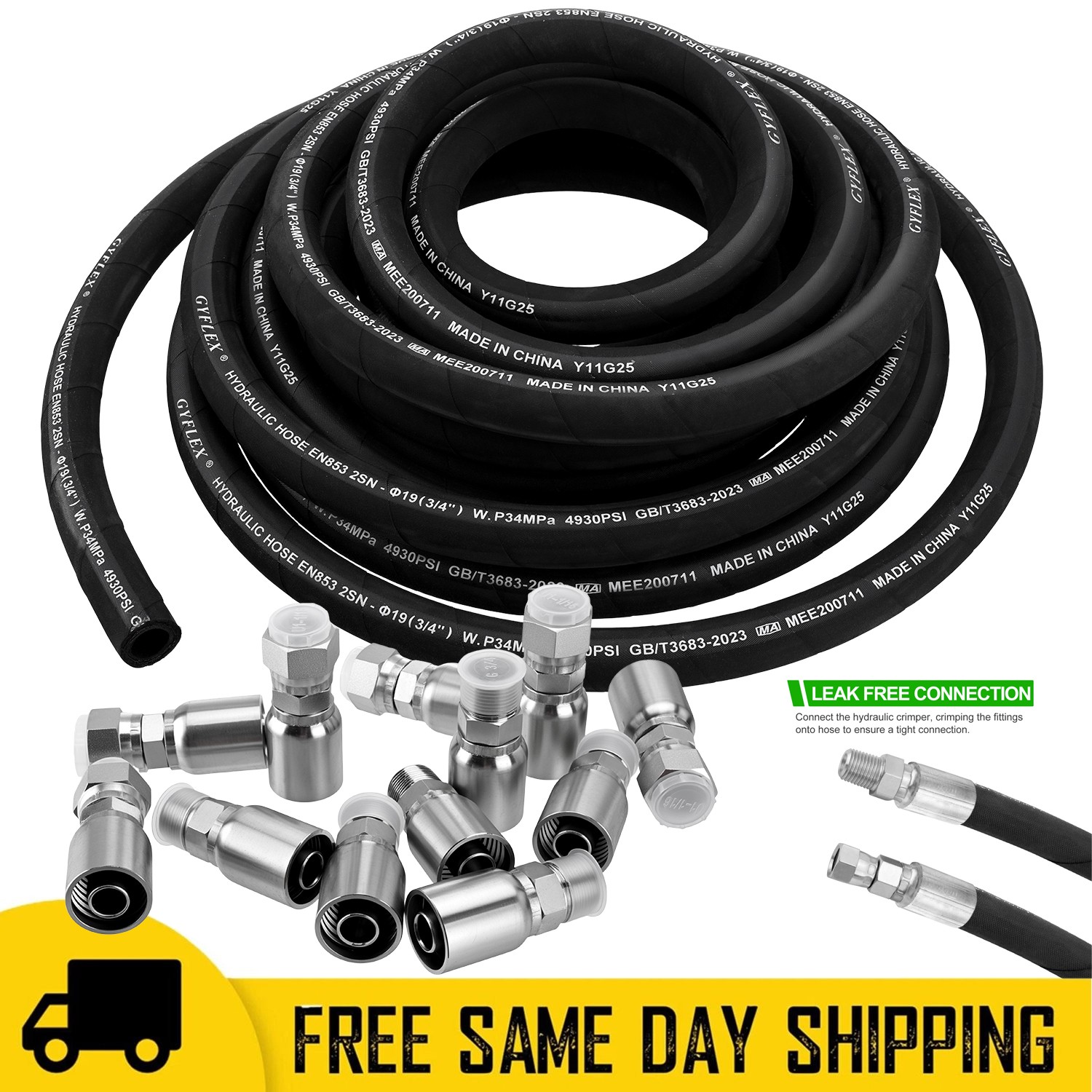 50FT 3/4″ Hydraulic Hose with 12PCS Hydraulic Hose Fittings W.P.34MPa / 4930PSI