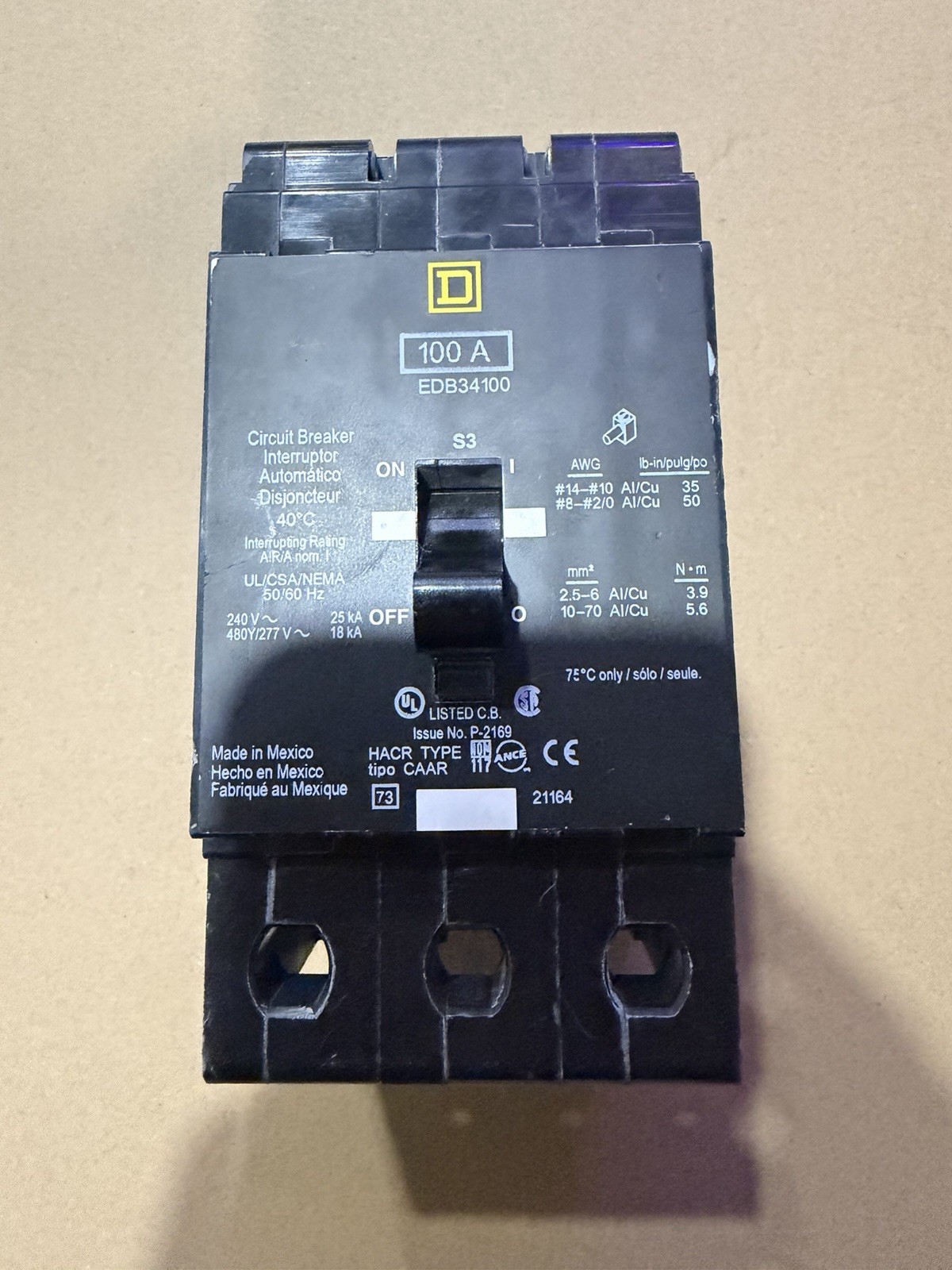 Square D EDB34100 3P Circuit Breaker 100A 480V