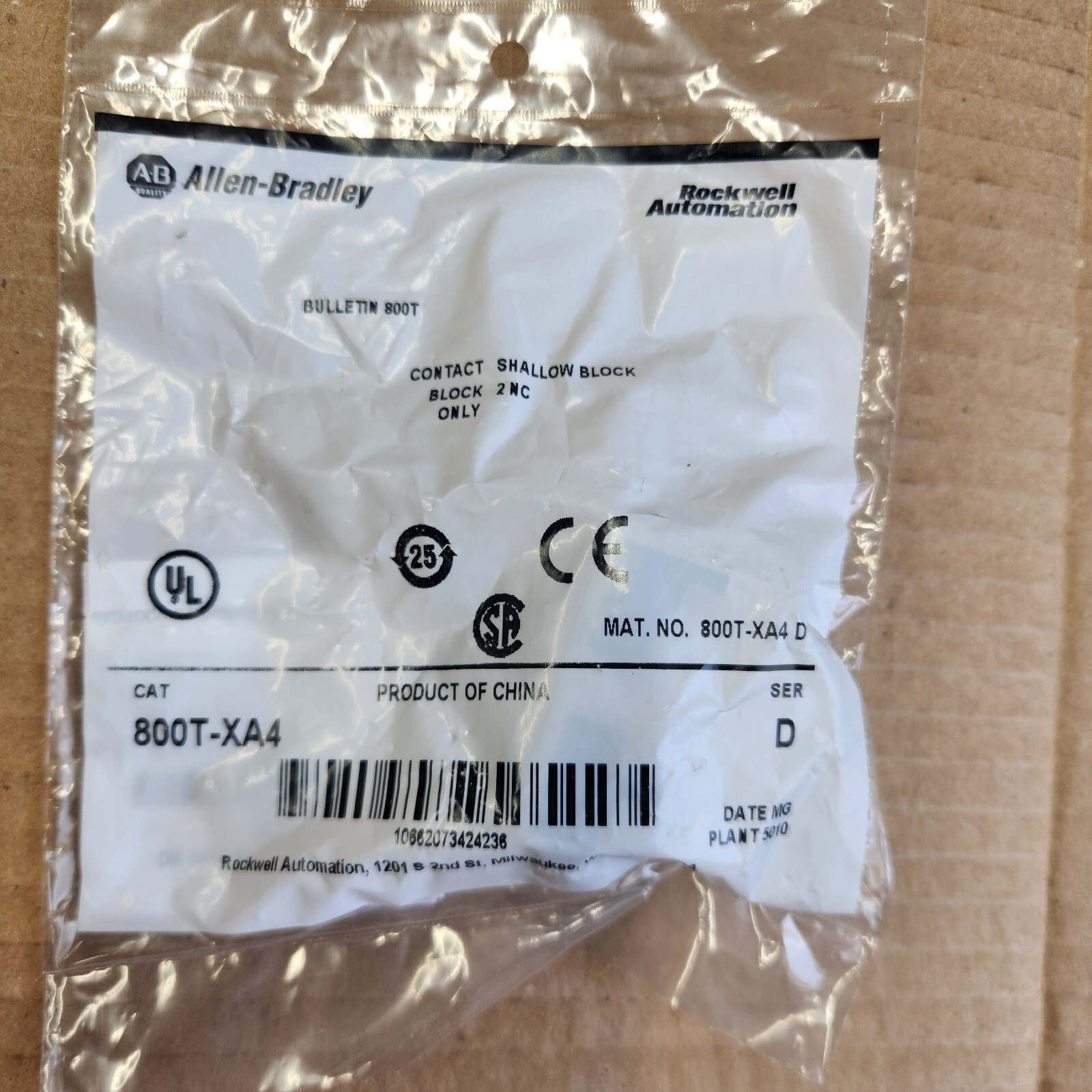 Allen-Bradley 800T-XA4 * 2 N.C. Contact Block (1 Piece)