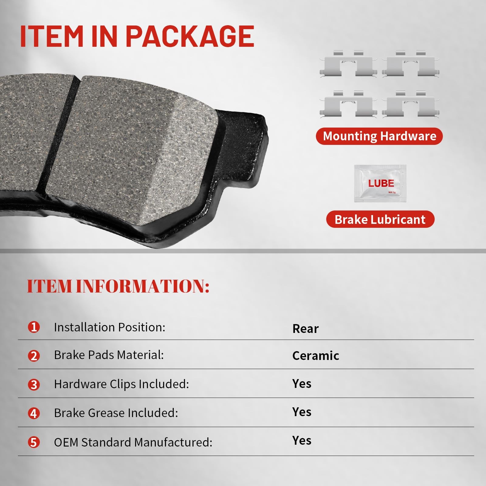 Ceramic Rear Brake Pads w Hardware for Grand Caravan Journey 2012-2020