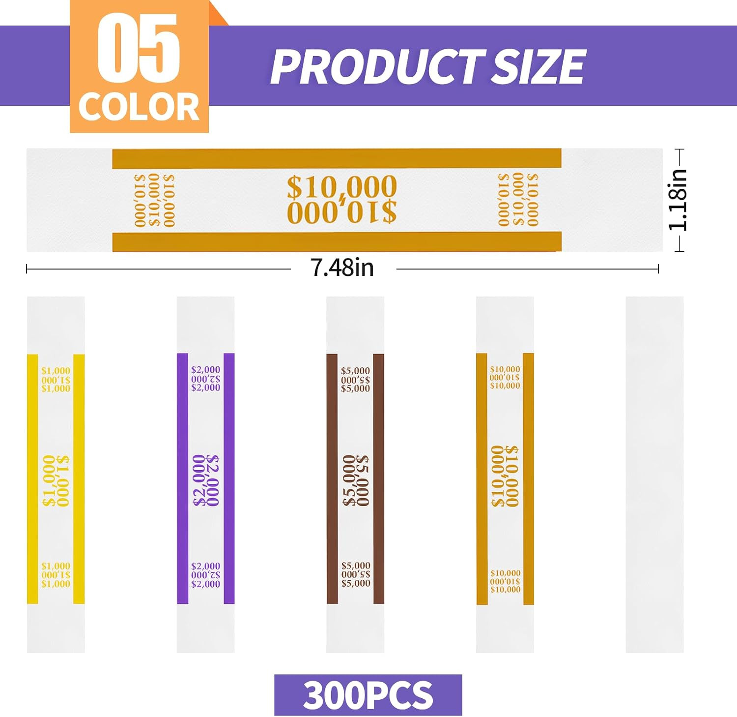 300Pcs Currency Straps for Cash Management，4 Colors Self Adhesive Money