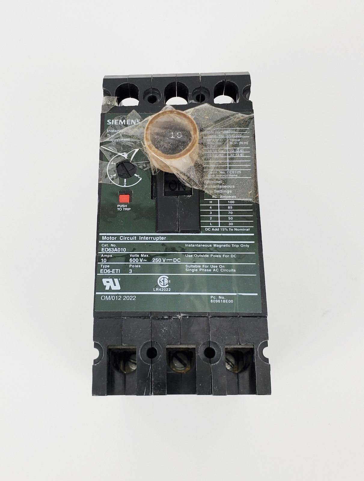 Siemens ED63A010 Circuit Breaker Sentron 10A 600VAC 3P, New!