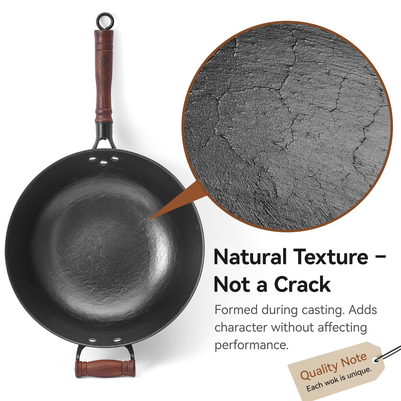 Wangyuanji Cast Iron Wok Pan Lid 14.2 Inch Flat Bottom Uncoated Stir Fry