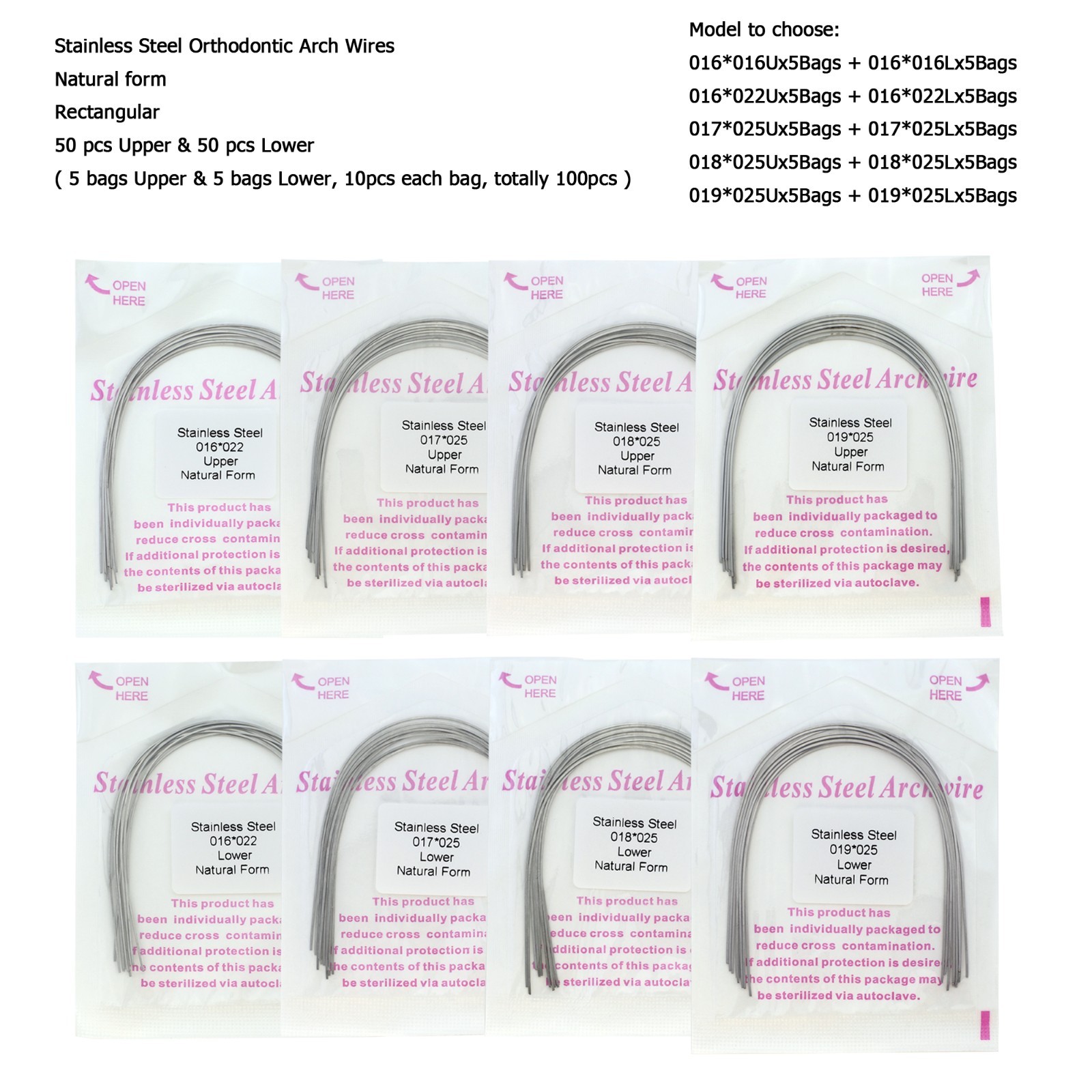 100PC Orthodontic Arch Wire Niti Stainless Steel Ovoid Natural Round Rectangular
