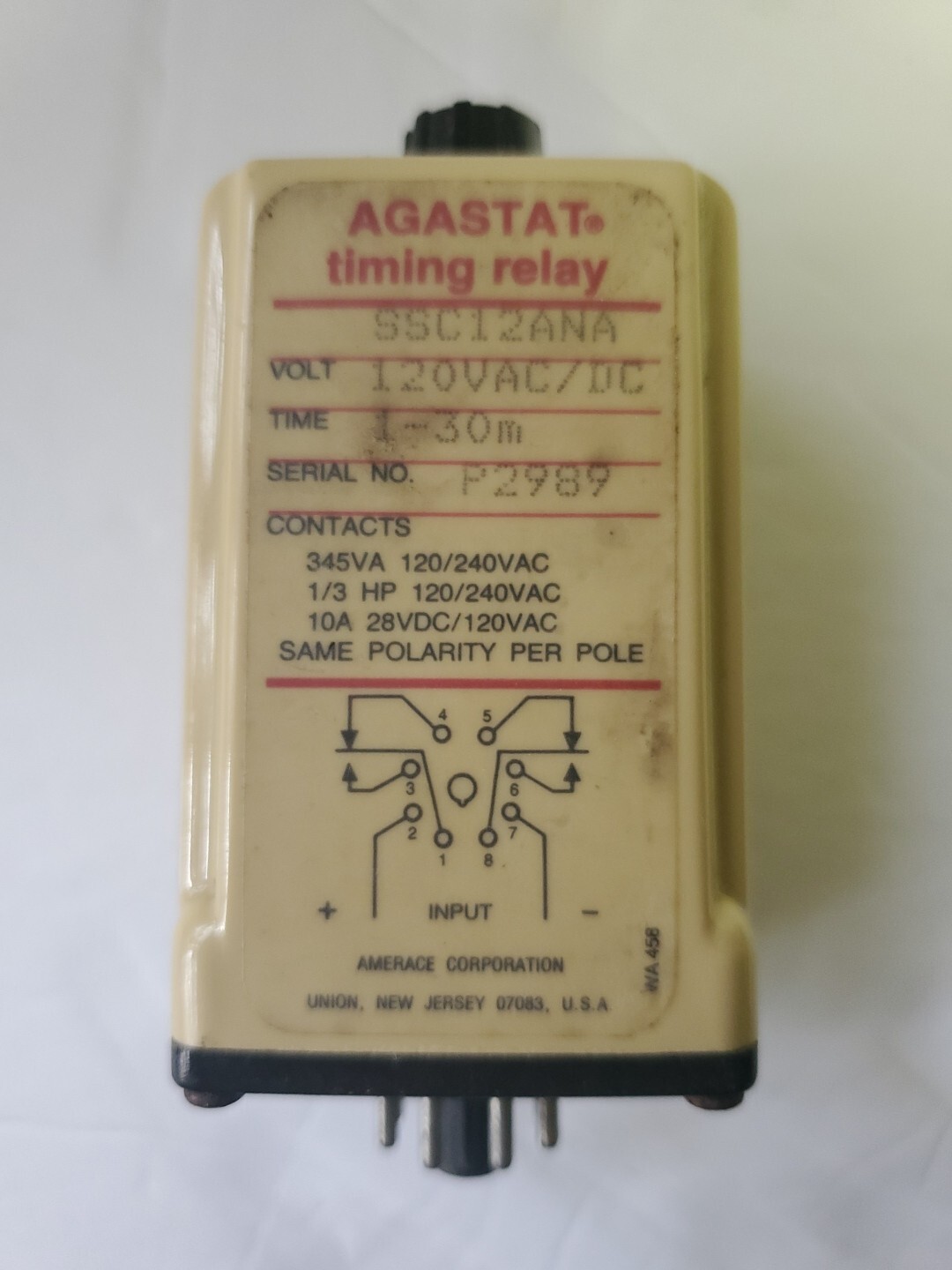 Agastat SSC12ANA Timing Relay 120VAC / DC Time 1 – 30 Min.