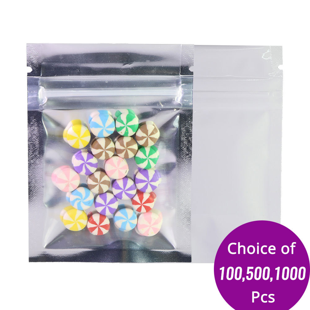 2.5×3.5in Clear Front Glossy White Back Foil Mylar Flat Zip Lock Pouch Bag W02