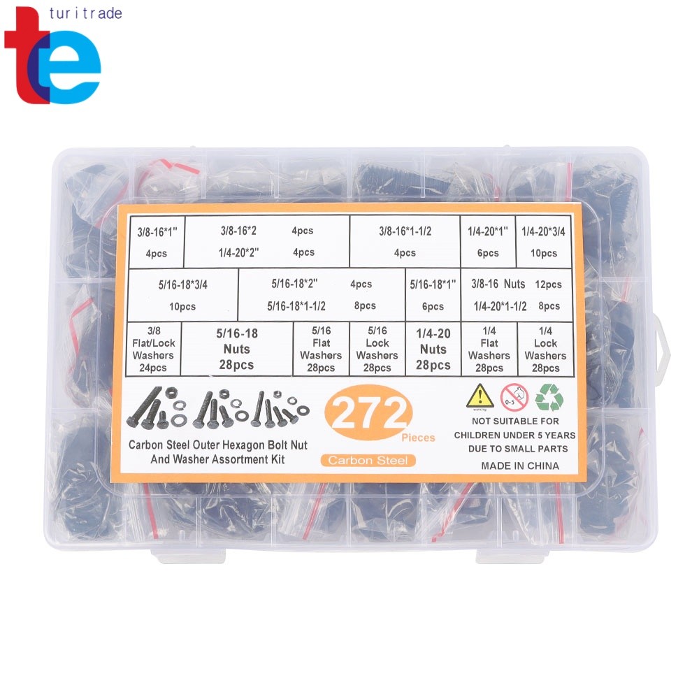 272PCS Hex Bolts Screws With Nuts Flat Lock Washers Assortment Kit 1/4 5/16 3/8