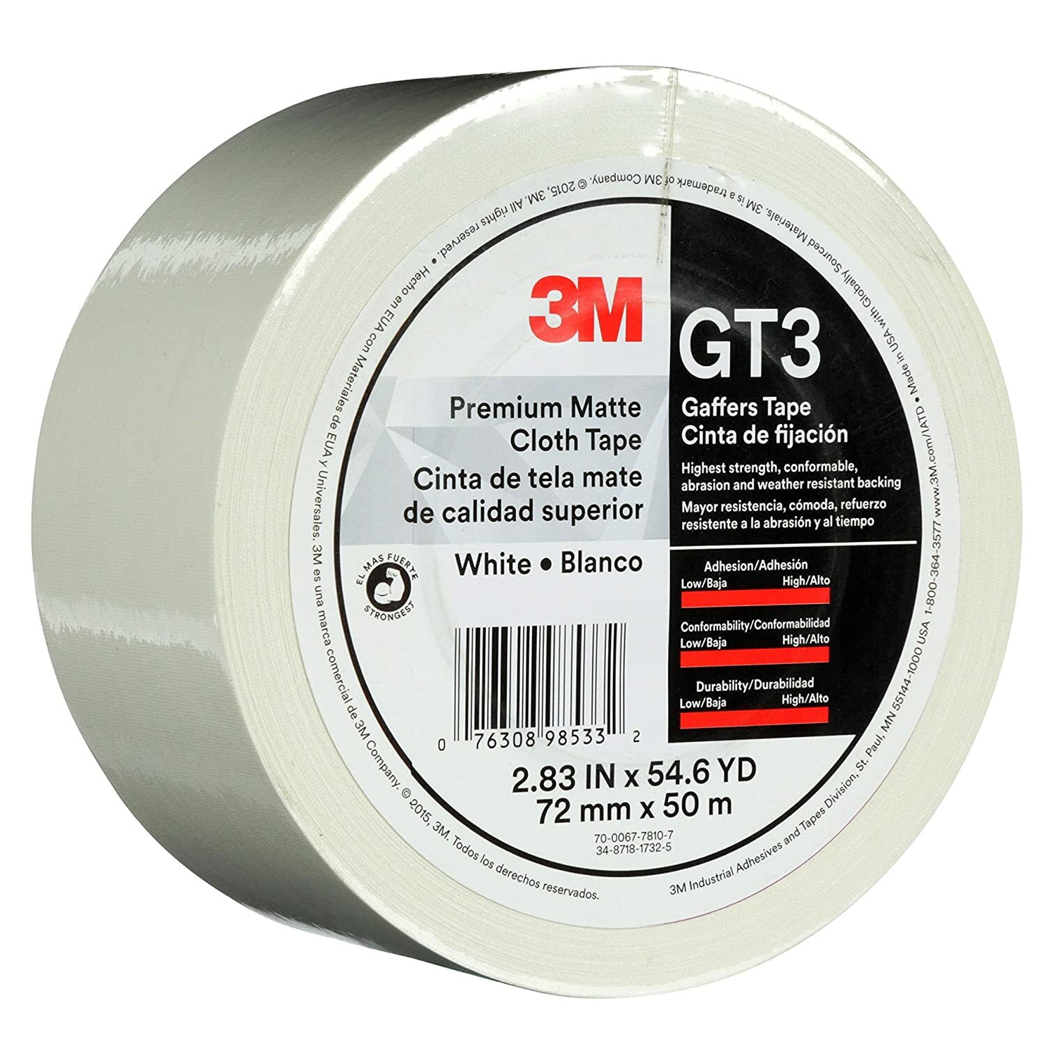 (1 ROLL) 3M Gaffers Tape WHITE 3″ x 54.6 YD GT3 Premium Matte Cloth – NEW