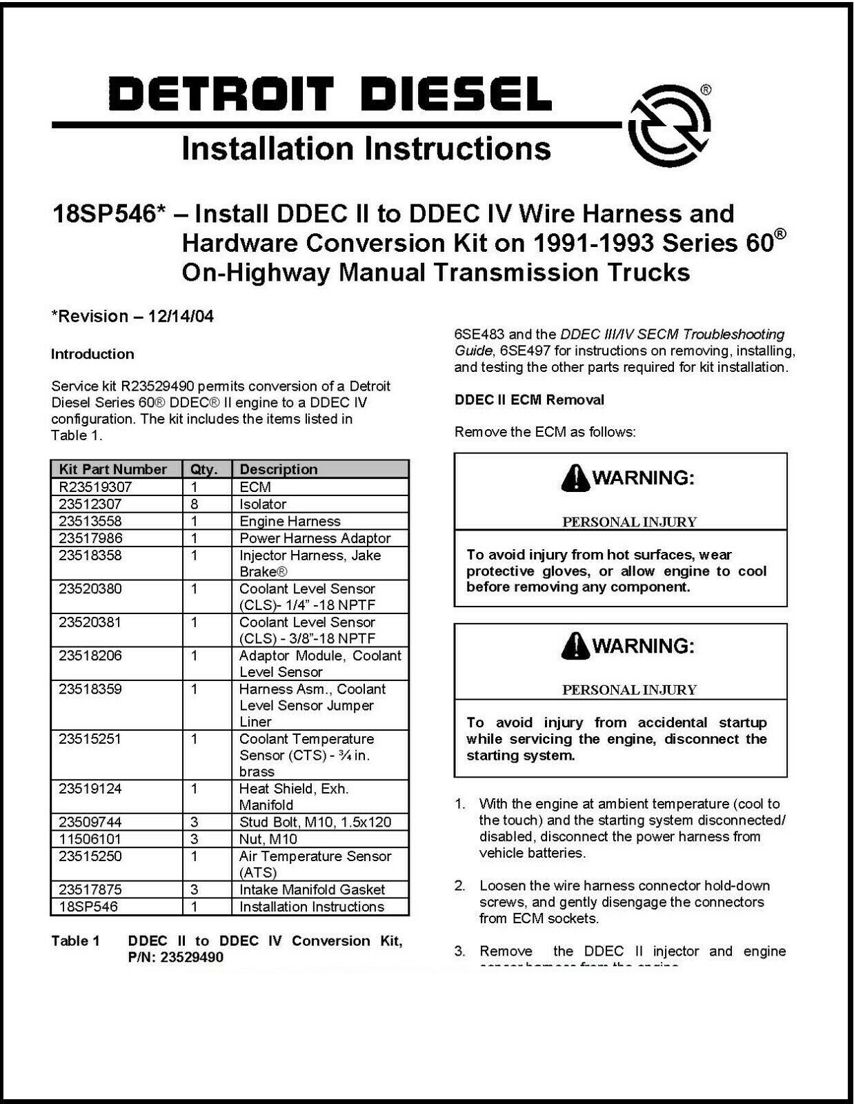 Conversion Guide Fits DD Series 60 DDEC II to DDEC IV 18SP546 – Printed Manual