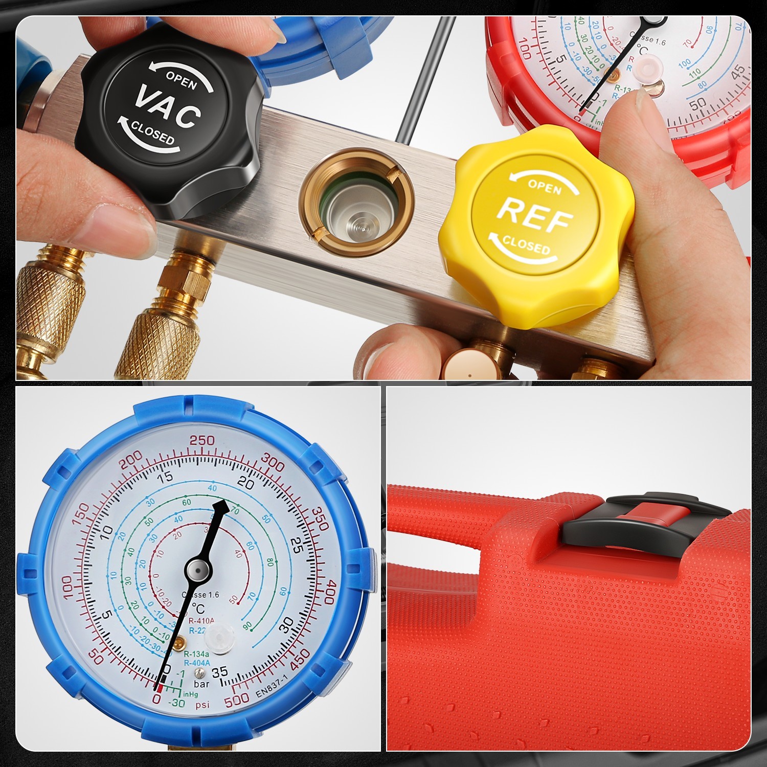 R134A R-22 R410A R404A Charging 4 Way 4 valves AC Manifold Gauge & 5FT Hose
