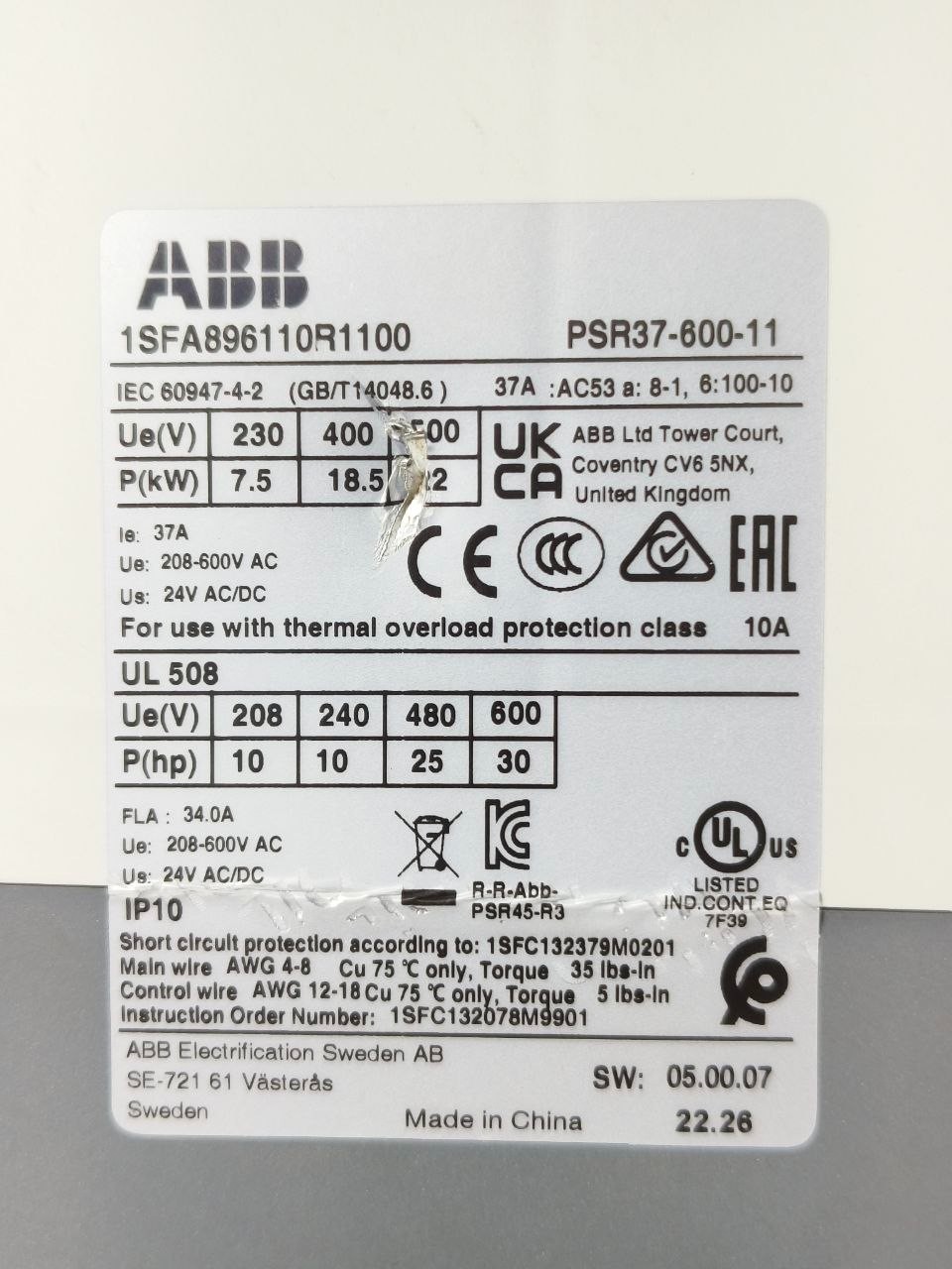 NEW🆕 ABB PSR37-600-11 SOFTSTARTER 37A 208-600V AC 24V AC/DC CONTROL FREE SHIPP
