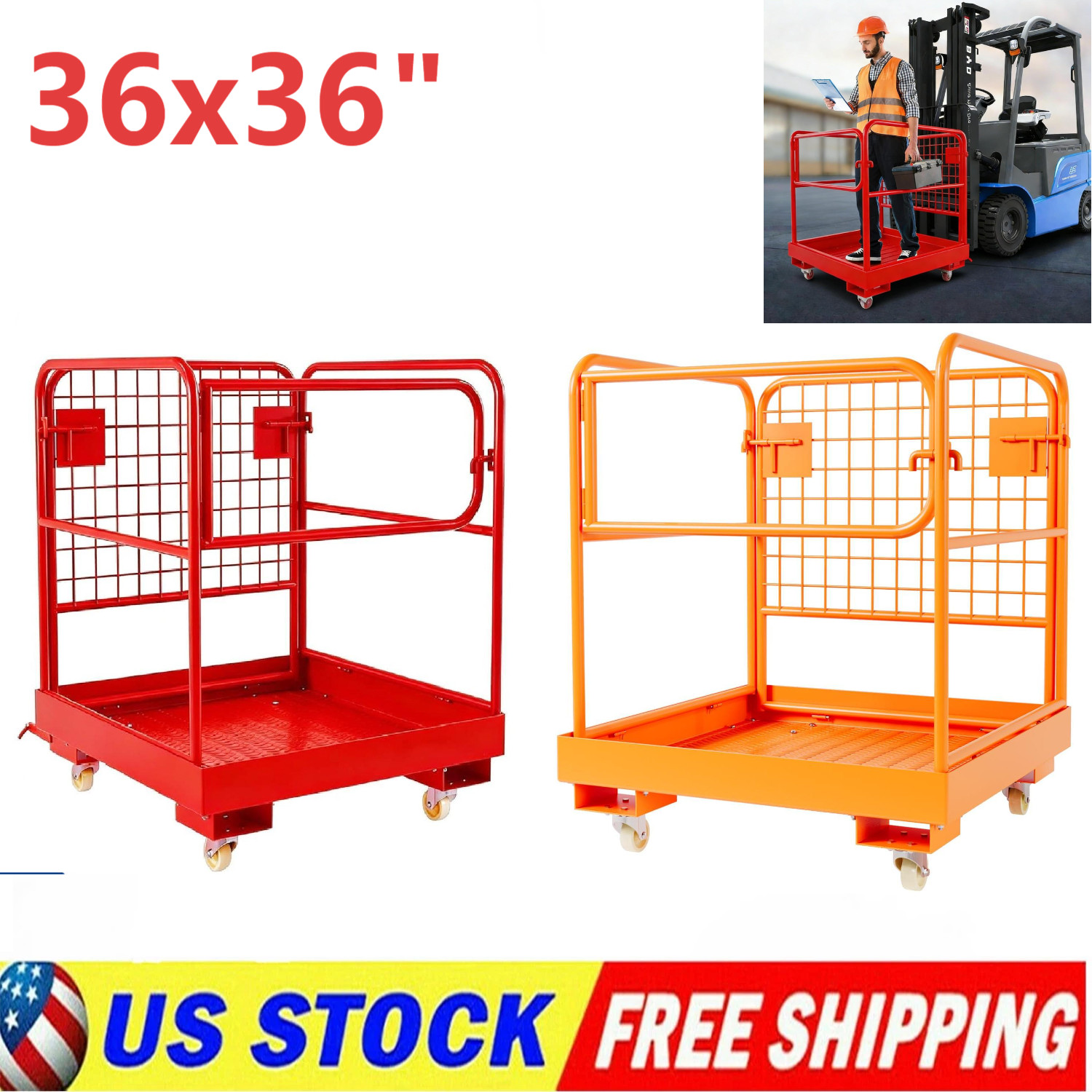 1200lbs Forklift Safety Cage Heavy Duty Collapsible 36″ x 36″ Steel Man Basket