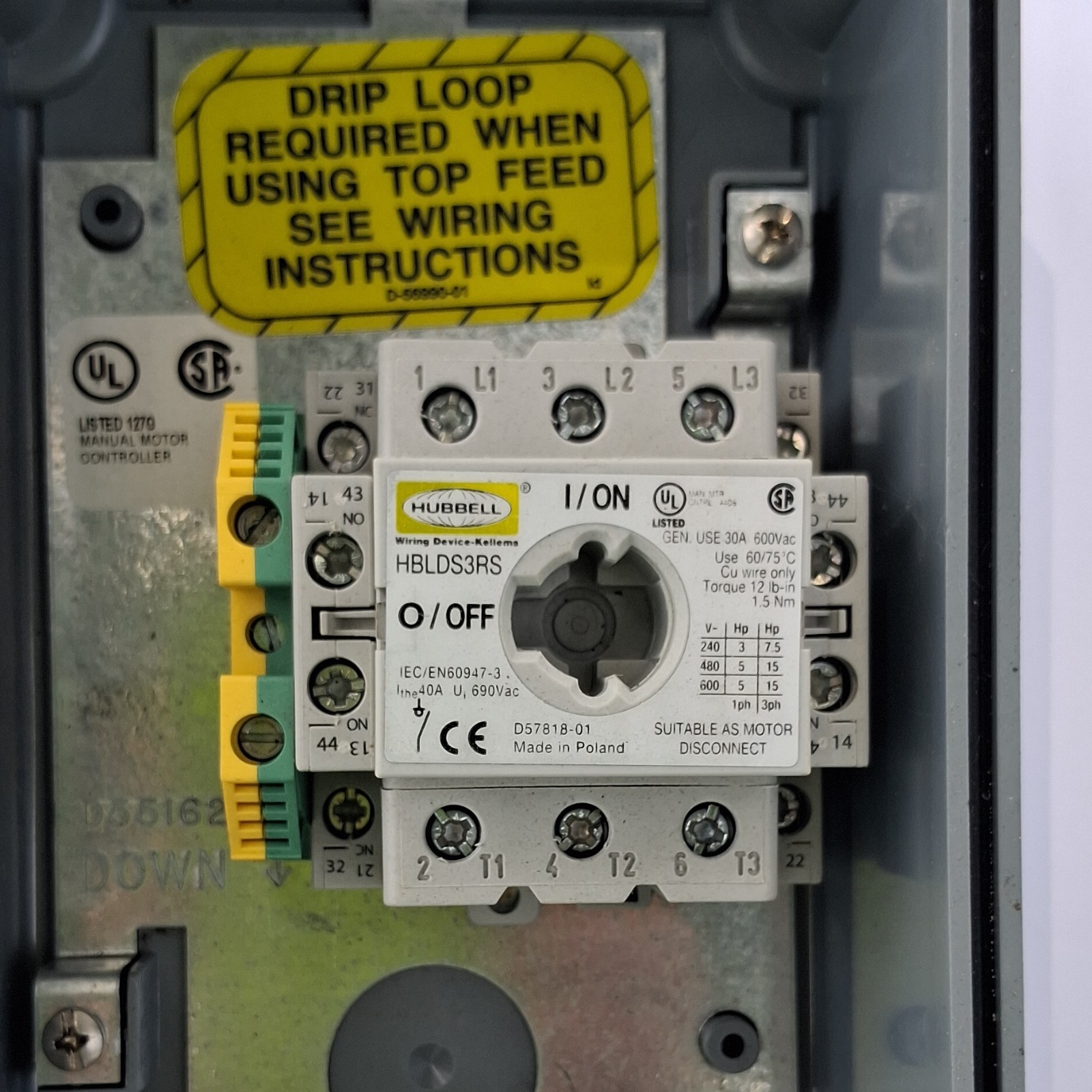 Hubbell Circuit-Lock Motor Disconnect Switch 30A 600VAC 3-Pole Lockable Gray/Red